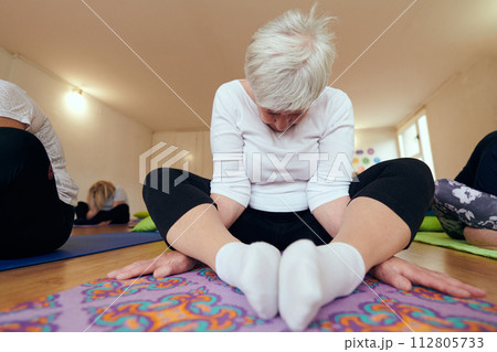 An elderly woman gracefully engages in various yoga poses, stretching her limbs and finding serenity in a modern sunlit space under the guidance of a trained instructor, embodying the essence of 112805733