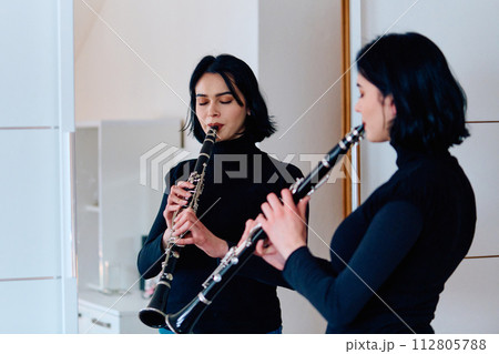 Graceful Brunette Musician Posing with Clarinet on White Background 112805788