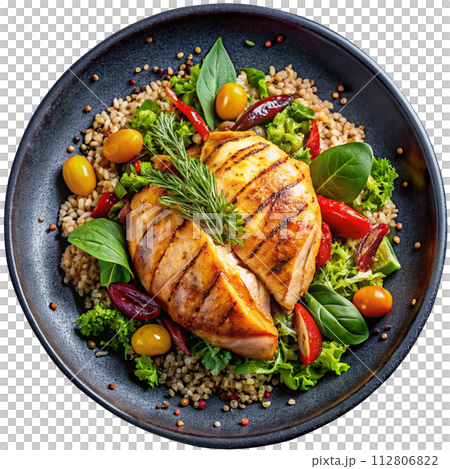 grilled salmon steak with vegetables 112806822