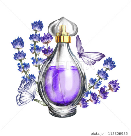 A perfume bottle made of transparent glass with lavender flowers and butterflies. Vintage purple perfume with lavender scent. A hand-drawn watercolor illustration. For packaging, postcards and labels. A perfume bottle made of transparent glass with lavender flowers and butterflies. Vintage purple perfume with lavender scent. A hand-drawn watercolor illustration. For packaging, postcards and labels. 112806986