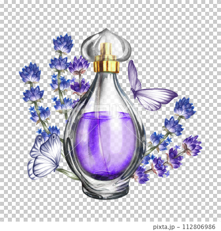A perfume bottle made of transparent glass with lavender flowers and butterflies. Vintage purple perfume with lavender scent. A hand-drawn watercolor illustration. For packaging, postcards and labels. A perfume bottle made of transparent glass with lavender flowers and butterflies. Vintage purple perfume with lavender scent. A hand-drawn watercolor illustration. For packaging, postcards and labels. 112806986