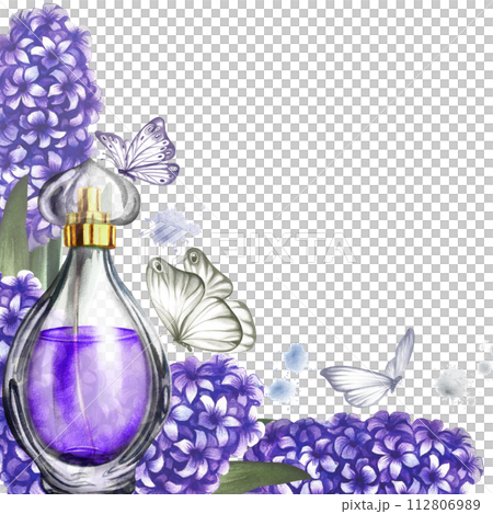 A frame with a perfume bottle made of transparent glass with hyacinth flowers. Vintage purple perfume. A hand-drawn watercolor illustration. For packaging, postcards and labels. For banners, flyers. A frame with a perfume bottle made of transparent glass with hyacinth flowers. Vintage purple perfume. A hand-drawn watercolor illustration. For packaging, postcards and labels. For banners, flyers. 112806989