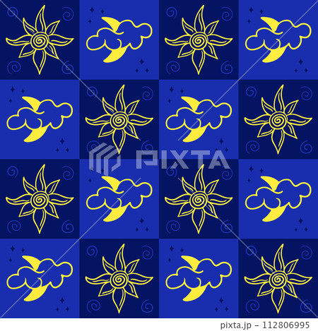Mystery outline seamless pattern with contrast squares. Linear contour esoteric drawings. Doodle sun, moon and clouds on blue background. Trendy print design for textile, wallpaper, wrapping 112806995