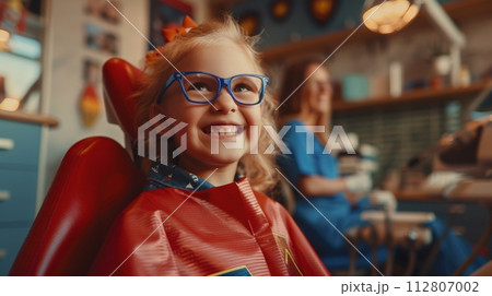 AI-generated content. Cheerful child in superhero costume at dentist's office with a confident smile 112807002