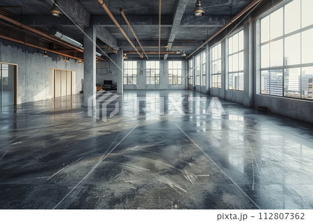 AI-generated content. Spacious industrial design studio with polished concrete floors and large windows 112807362