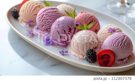 AI-generated content. Assorted gourmet ice cream scoops with fresh berries and mint 112807376