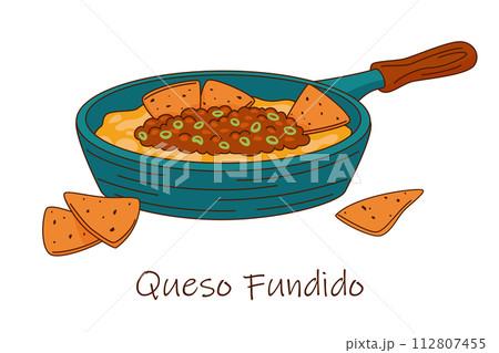 A vector illustration of a skillet with a wooden handle, filled with Queso Fundido, with nachos. A vector illustration of a skillet with a wooden handle, filled with Queso Fundido, with nachos. 112807455