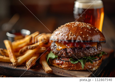 AI-generated content. Gourmet burger with sesame buns, fresh toppings, fries, and craft beer 112807540