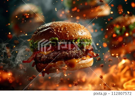 AI-generated content. Juicy hamburgers with sesame seed buns scattering in fiery explosion 112807572