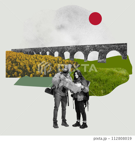 Young couple, friends, man and woman travelling going hiking, camping. Active hobby. Contemporary art collage. 112808019