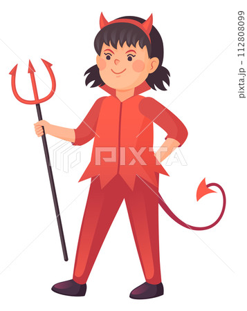 Cute girl in devil party costume. Evil haloween character 112808099