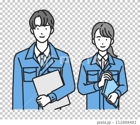A man and a woman wearing work clothes and giving guidance (upper body) 112808481