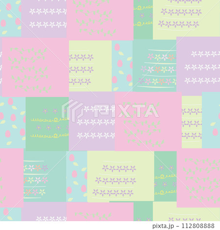 Repeat pattern with easter themed, pastel coloured patchwork vector artwork. 112808888