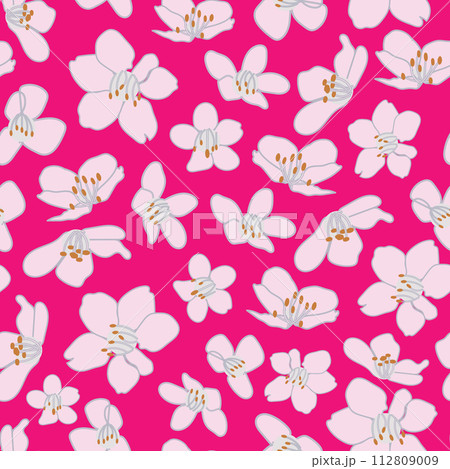 Vector vintage style artwork hand drawn light pink cherry blossom seamless pattern on bright pink background. 112809009