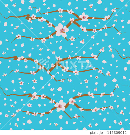 Vector vintage style artwork pink cherry blossom and branches seamless pattern on blue background. 112809012