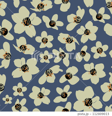 Vector vintage style artwork hand drawn cream cherry blossom seamless pattern on blue background. Vector vintage style artwork hand drawn cream cherry blossom seamless pattern on blue background. 112809013