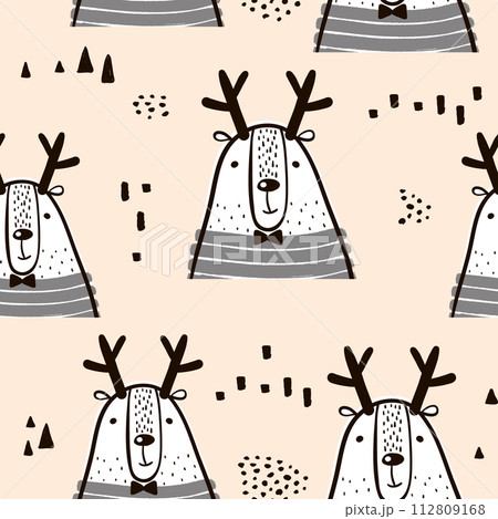 Childish seamless pattern with deer man. Trendy scandinavian vector background. Perfect for kids apparel,fabric, textile, nursery decoration,wrapping paper Childish seamless pattern with deer man. Trendy scandinavian vector background. Perfect for kids apparel,fabric, textile, nursery decoration,wrapping paper 112809168