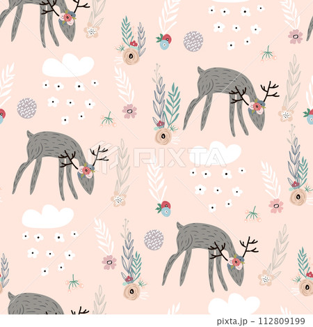 Seamless pattern with deers, floral elements, branches. Creative woodland background. Perfect for kids apparel,fabric, textile, nursery decoration,wrapping paper.Vector Illustration 112809199