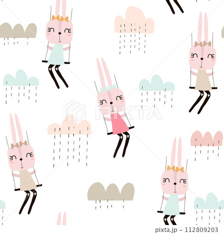 Seamless pattern with cute rabbit girls . Creative childish background. Perfect for kids apparel,fabric, textile, nursery decoration,wrapping paper.Vector Illustration 112809203