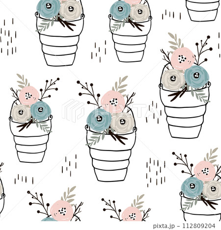 Seamless minimalistic pattern with flowers in hand drawn buskets. Creative fashion background. Perfect for fabric, wrapping, wallpaper, textile, apparel 112809204