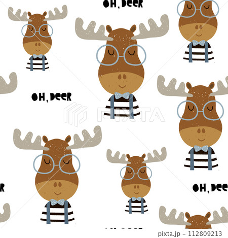Childish seamless pattern with elks in glasses. Trendy scandinavian vector background. Perfect for kids apparel,fabric, textile, nursery decoration,wrapping paper Childish seamless pattern with elks in glasses. Trendy scandinavian vector background. Perfect for kids apparel,fabric, textile, nursery decoration,wrapping paper 112809213