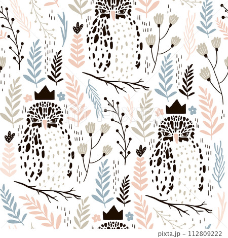 Seamless pattern with abstract owls and floral elements. Trendy scandinavian vector background. Perfect for apparel,fabric, textile, nursery decoration,wrapping paper Seamless pattern with abstract owls and floral elements. Trendy scandinavian vector background. Perfect for apparel,fabric, textile, nursery decoration,wrapping paper 112809222