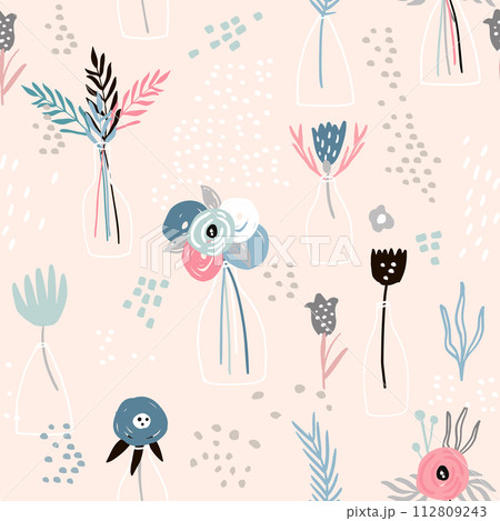 Seamless minimalistic pattern with ink flowers in vases. Creative fashion background. Perfect for fabric, wrapping, wallpaper, textile, apparel Seamless minimalistic pattern with ink flowers in vases. Creative fashion background. Perfect for fabric, wrapping, wallpaper, textile, apparel 112809243