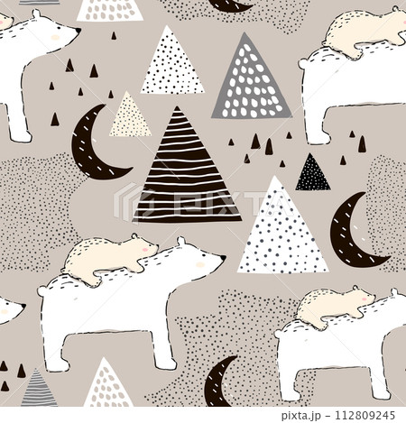 Seamless childish pattern with polar bear mom and baby. Creative kids design. Perfect for fabric, textile, warpping, nursery.Vector Illustration Seamless childish pattern with polar bear mom and baby. Creative kids design. Perfect for fabric, textile, warpping, nursery.Vector Illustration 112809245