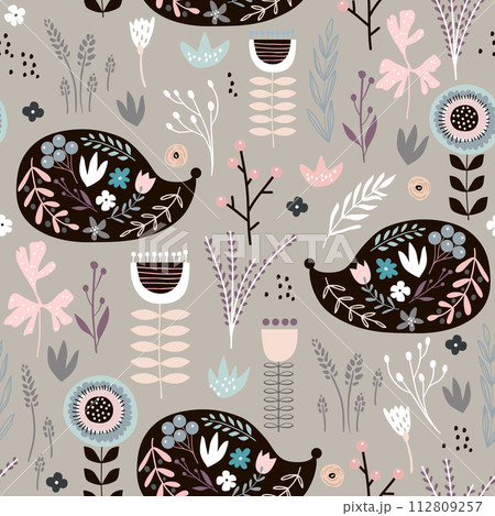 Seamless pattern hedgehogs with floral elements, branches. Creative woodland background. Perfect for kids apparel,fabric, textile, nursery decoration,wrapping paper.Vector Illustration Seamless pattern hedgehogs with floral elements, branches. Creative woodland background. Perfect for kids apparel,fabric, textile, nursery decoration,wrapping paper.Vector Illustration 112809257