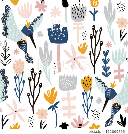 Seamless pattern with colibri and flowers. Creative botanical height detailed background. Perfect for kids apparel,fabric, textile, nursery decoration,wrapping paper.Vector Illustration Seamless pattern with colibri and flowers. Creative botanical height detailed background. Perfect for kids apparel,fabric, textile, nursery decoration,wrapping paper.Vector Illustration 112809266