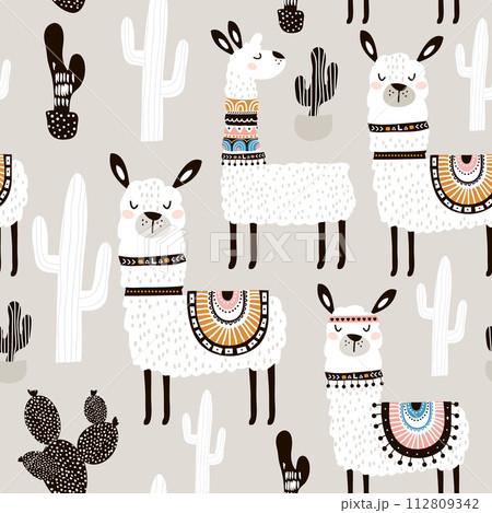 Seamless pattern with llama, cactus and hand drawn elements. Creative childish texture. Great for fabric, textile Vector Illustration 112809342