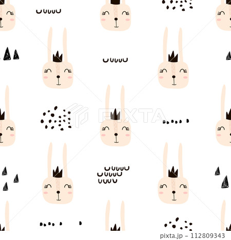 Seamless childish pattern with cute bunny girl faces. Creative nursery background. Perfect for kids design, fabric, wrapping, wallpaper, textile, apparel Seamless childish pattern with cute bunny girl faces. Creative nursery background. Perfect for kids design, fabric, wrapping, wallpaper, textile, apparel 112809343