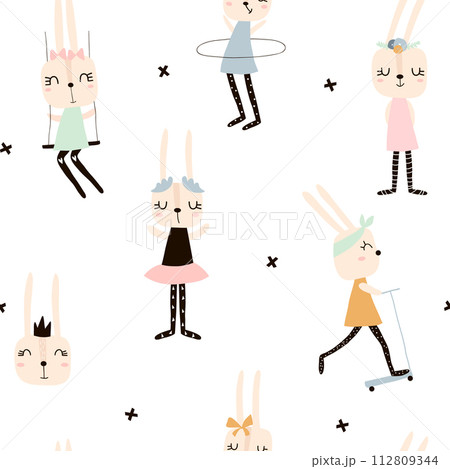 Seamless pattern with cute rabbit girls . Creative childish background. Perfect for kids apparel,fabric, textile, nursery decoration,wrapping paper.Vector Illustration 112809344
