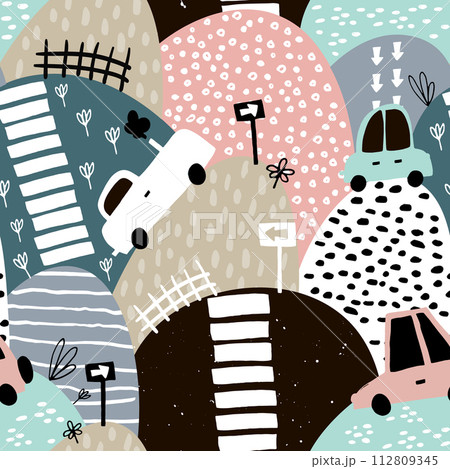 Seamless pattern with hand drawn cute car and hills. Cartoon cars, road sign, zebra crossing vector illustration. Perfect for kids fabric,textile,nursery wallpaper Seamless pattern with hand drawn cute car and hills. Cartoon cars, road sign, zebra crossing vector illustration. Perfect for kids fabric,textile,nursery wallpaper 112809345