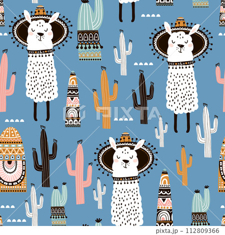 Seamless pattern with llama, cactus and hand drawn elements. Creative childish texture. Great for fabric, textile Vector Illustration 112809366
