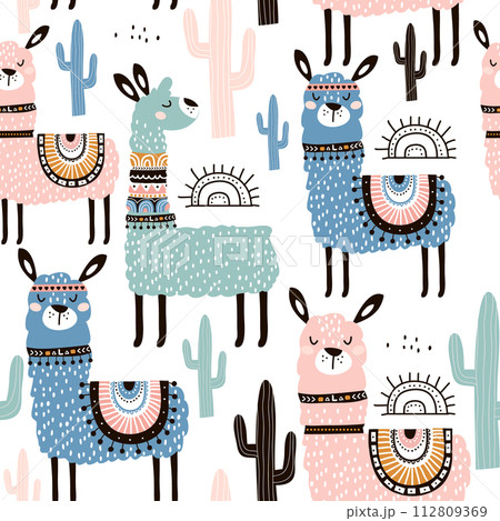 Seamless pattern with llama, cactus and hand drawn elements. Creative childish texture. Great for fabric, textile Vector Illustration 112809369