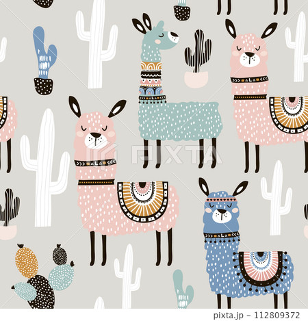 Seamless pattern with llama, cactus and hand drawn elements. Creative childish texture. Great for fabric, textile Vector Illustration 112809372