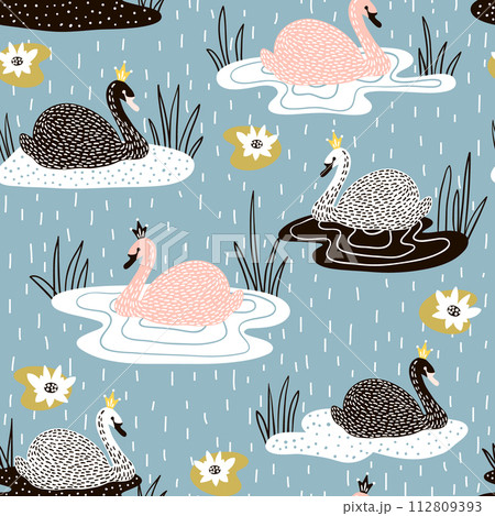 Seamless childish pattern with swan princess on lake,Creative nursery background. Perfect for kids design, fabric, wrapping, wallpaper, textile, apparel Seamless childish pattern with swan princess on lake,Creative nursery background. Perfect for kids design, fabric, wrapping, wallpaper, textile, apparel 112809393