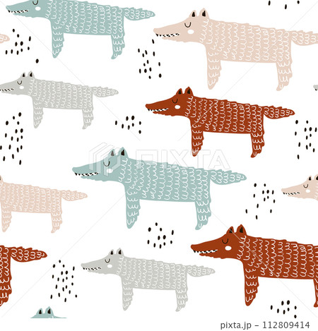 Childish seamless pattern with hand drawn wolf. Trendy scandinavian vector background. Perfect for kids apparel,fabric, textile, nursery decoration,wrapping paper 112809414