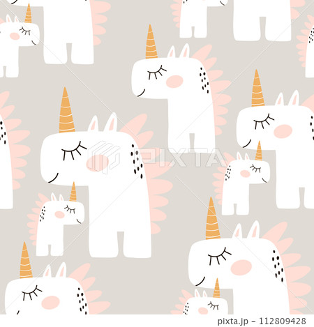 Cute seamless pattern with fairy unicorns. Childish texture for fabric, textile. Scandinavian style. Vector Illustration 112809428