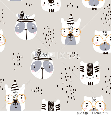 Seamless childish pattern with cute animal faces. Creative nursery background. Perfect for kids design, fabric, wrapping, wallpaper, textile, apparel 112809429