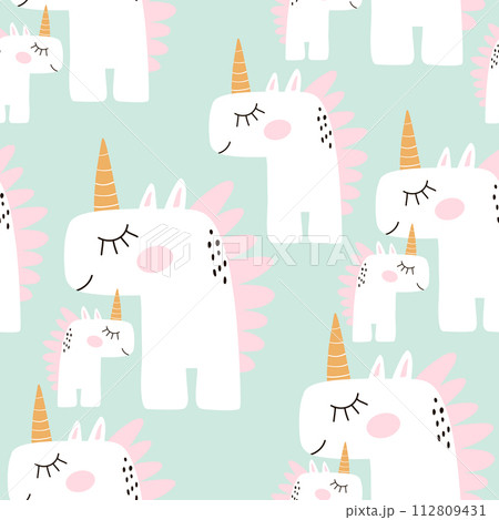 Cute seamless pattern with fairy unicorns. Childish texture for fabric, textile. Scandinavian style. Vector Illustration 112809431
