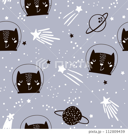 Seamless childish pattern with cute cats astronauts. Creative nursery background. Perfect for kids design, fabric, wrapping, wallpaper, textile, apparel 112809439
