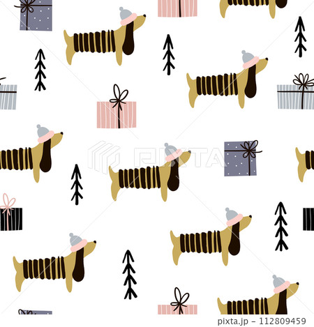 Seamless pattern with dachshunds and gift...のイラスト素材 [112809459] - PIXTA