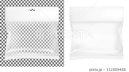 Transparent empty plastic packaging. Blank sachet with hang slot 112809488