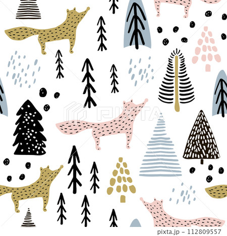 Seamless winter pattern with fox, tree, and ink drawn elements. Creative christmas background. Vector Illustration Seamless winter pattern with fox, tree, and ink drawn elements. Creative christmas background. Vector Illustration 112809557