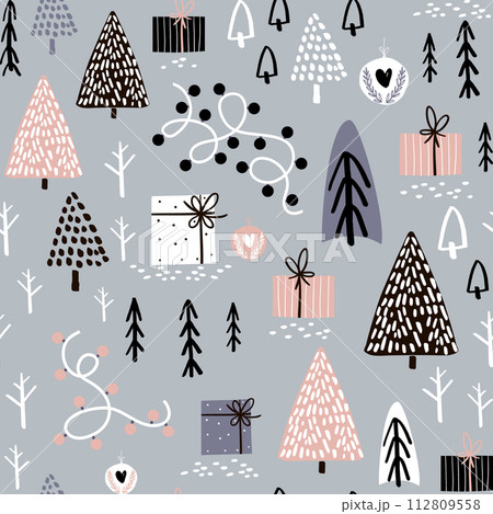 Seamless winter pattern with gift box, tree, christmas light. Creative christmas background. Vector Illustration 112809558