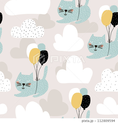 Seamless childish pattern with cute cats flying with balloon. Creative nursery background. Perfect for kids design, fabric, wrapping, wallpaper, textile, apparel 112809594