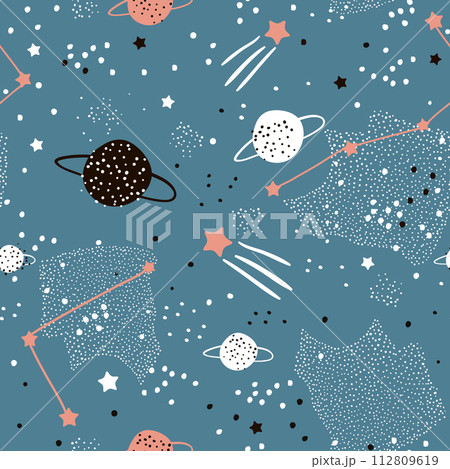 Seamless pattern with stars, constellations, planets and hand drawn elements. Childish texture. Great for fabric, textile Vector Illustration 112809619