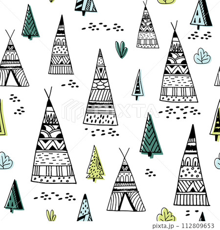 Tribal indian wigwam pattern. Doodle childish minimalist background.Vector Illustration Tribal indian wigwam pattern. Doodle childish minimalist background.Vector Illustration 112809653